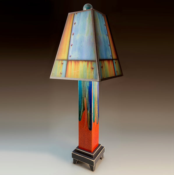 Ross Collage ceramic table lamp with red straight clay base, melted glass accents, Macone art shade, and 3-way lighting, handmade in USA.
