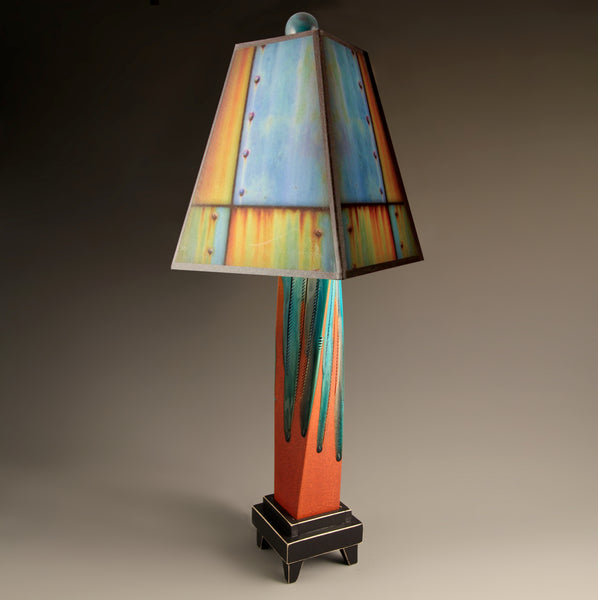 Ross Collage ceramic table lamp with red twisted clay base, melted glass accents, Macone art shade, and 3-way lighting, handmade in USA.
