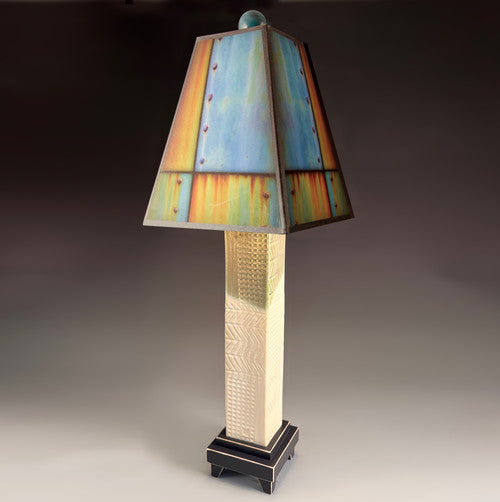 Ross Collage ceramic table lamp with white stoneware base, melted glass accents, Macone art shade, and 3-way lighting, handmade in USA.