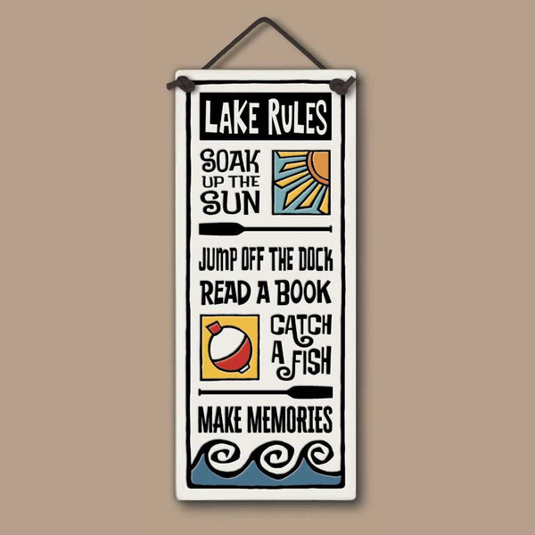 Spooner Creek tall ceramic tile with “Lake Rules” quote and colorful lake-themed artwork.