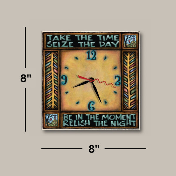 Seize the day square wood wall clock dimensions, 8 x 8 inches