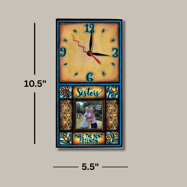 Sister gift picture frame wood wall clock dimensions, 10.5 x 5.5 inches, holds a 2 x 2 inch photo