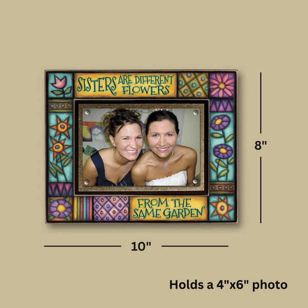Sisters picture frame dimensions showing 8x10 frame holding 4x6 photo with magnetic display and colorful Michael Macone artwork