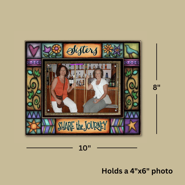 Sisters Share the Journey Macone Clay picture frame dimensions showing 8 x 10 frame holding a 4 x 6 photo with magnetic display