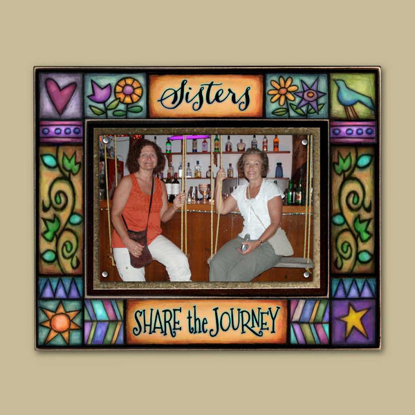 Sisters Share the Journey quote picture frame by Michael Macone with colorful folk art design and magnetic 4 x 6 photo holder, meaningful sister gift