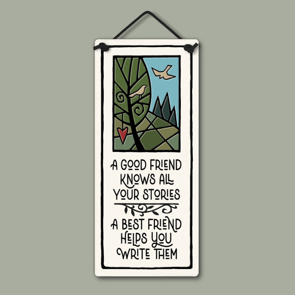 Spooner Creek small tall ceramic plaque with best friend quote and whimsical landscape artwork featuring trees and birds