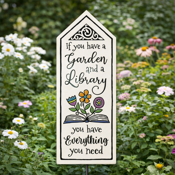 Hand-glazed Spooner Creek ceramic garden tile stake with the quote “If you have a garden and a library, you have everything you need,” displayed outdoors among blooming flowers and lush greenery, weatherproof garden decor made in Wisconsin