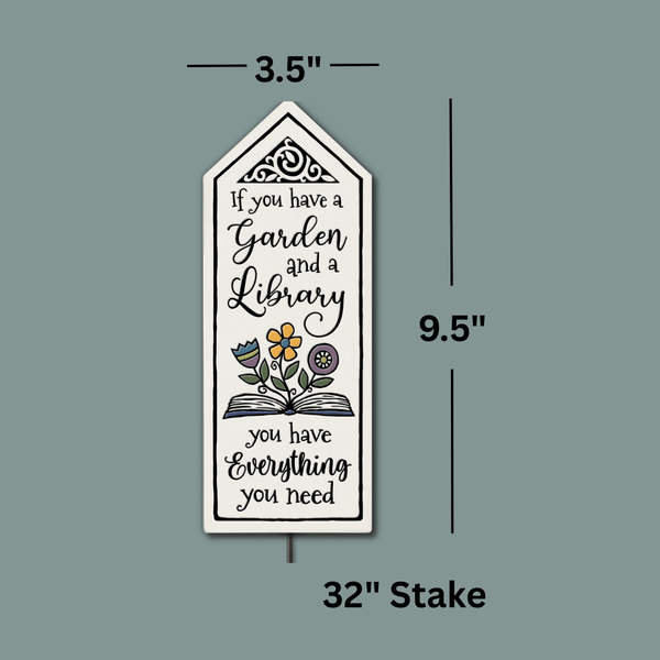 Ceramic garden tile stake dimensions showing 3.75 x 9.5 inch tile with 32 inch metal stake, weatherproof outdoor garden decor handmade in Wisconsin.