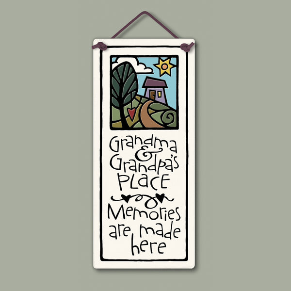 Spooner Creek small tall ceramic plaque with Grandma & Grandpa’s Place quote, featuring a cozy home illustration and heart accents