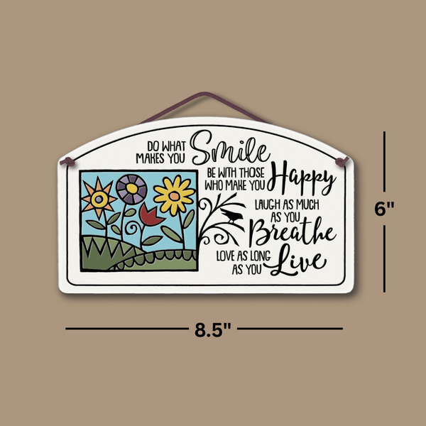 Spooner Creek large arch ceramic tile showing size dimensions, measuring 9.25 by 5.5 inches, featuring floral art and uplifting inspirational quote.
