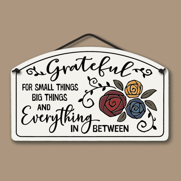 Spooner Creek Large Arch ceramic tile sign with grateful quote and floral artwork, featuring the message grateful for small things big things and everything in between, handmade wall decor