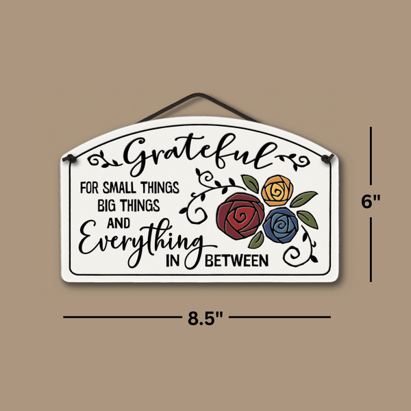 Dimensions of Spooner Creek Large Arch ceramic tile showing grateful quote wall sign measuring approximately 8.5 by 6 inches, handmade decorative ceramic art