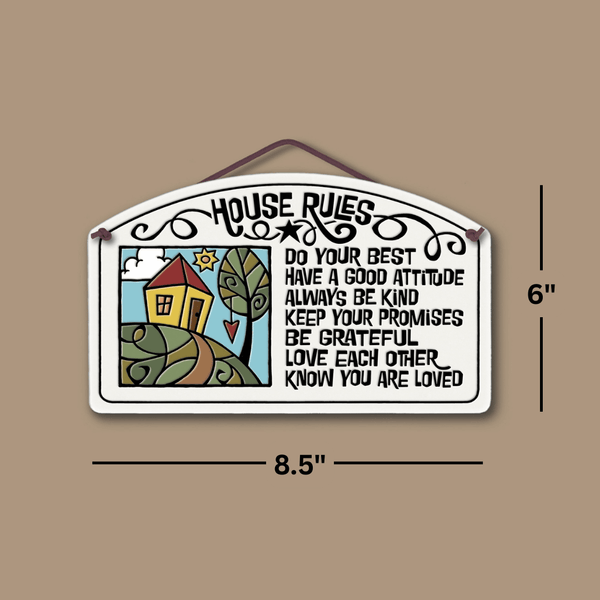 Dimensions image of Spooner Creek Large Arch House Rules ceramic tile showing 9.25 inch width and 5.5 inch height for hanging wall decor.