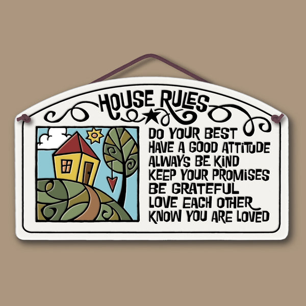 Spooner Creek large arch ceramic tile featuring House Rules with a colorful home illustration and inspirational family values quote, handmade wall decor.