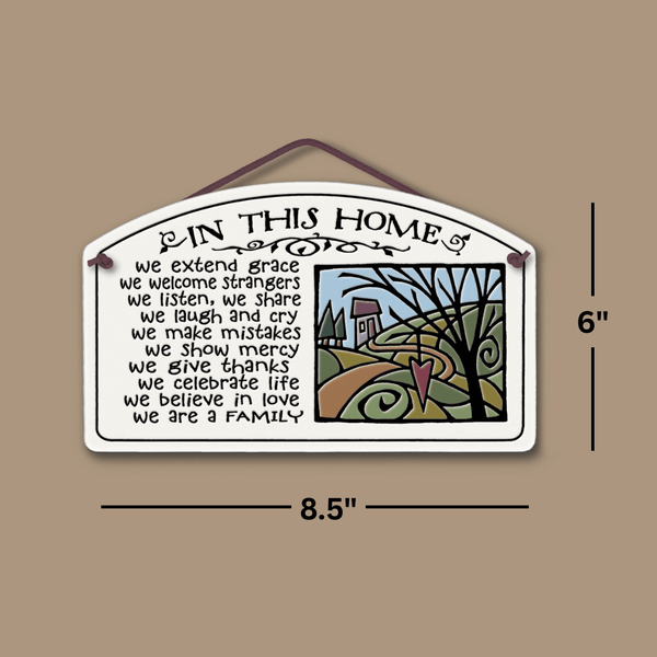 Dimensions view of Spooner Creek large arch ceramic tile showing 8.5 by 6 inch size, with hanging cord, handcrafted inspirational home decor wall art.