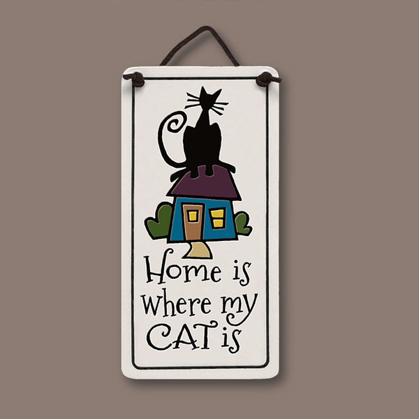 Spooner Creek Mini Charmer ceramic tile with black cat silhouette on a house and the quote “Home is where my cat is,” handmade in the USA.