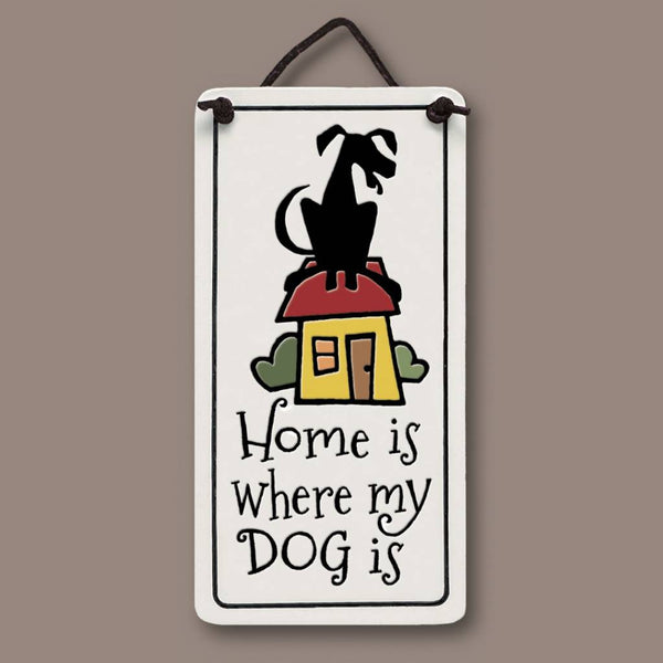 Spooner Creek Mini Charmer ceramic tile with dog and house artwork and quote “Home is where my dog is,” handmade in Wisconsin