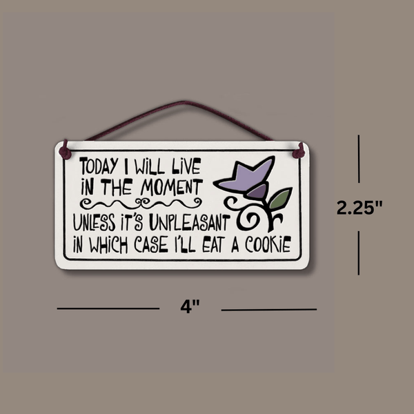 Spooner Creek Mini Charmer dimensions showing 2 inch by 4 inch ceramic hanging tile with humorous cookie quote