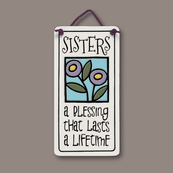 Spooner Creek Mini Charmer ceramic tile with quote “Sisters: A blessing that lasts a lifetime,” handmade in Wisconsin