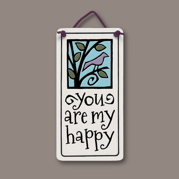 Spooner Creek Mini Charmer ceramic hanging tile with “You are my happy” quote and bird illustration