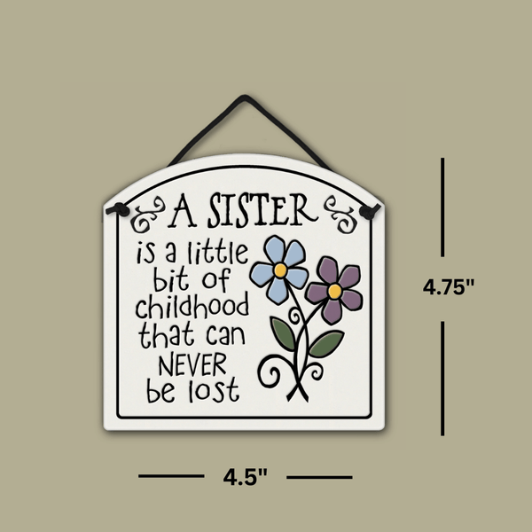 Spooner Creek small arch ceramic tile dimensions shown, 4.75 x 4.5 inch handmade sister quote wall decor crafted in Wisconsin