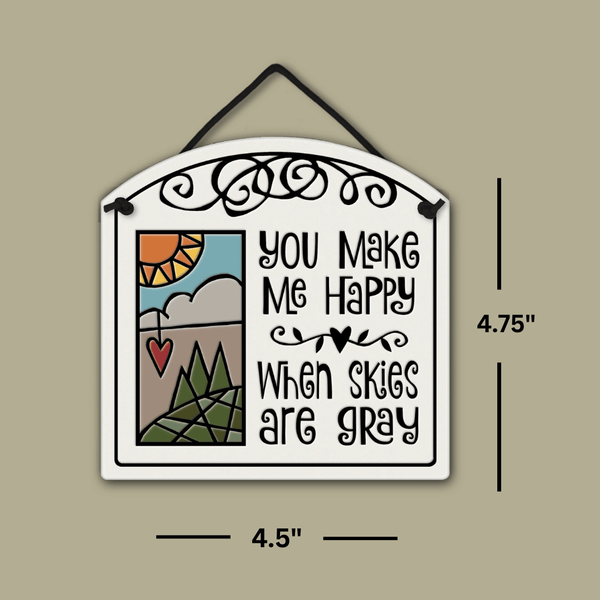 Spooner Creek small arch ceramic wall tile dimensions showing 4.75 x 4.5 inch hand-glazed tile with uplifting quote and folk art design