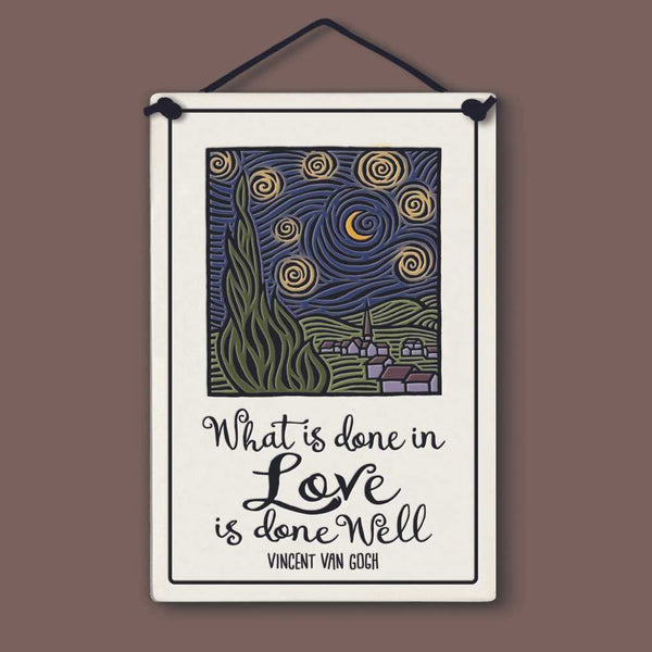 Spooner Creek large rectangle ceramic tile wall hanging with quote “What’s done in love is done well – Vincent Van Gogh,” starry night style landscape artwork, 5 x 7.25 inspirational decor sign.