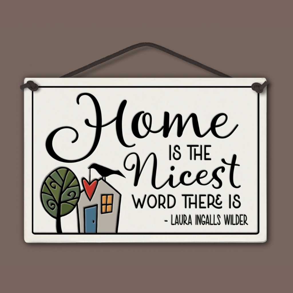Spooner Creek large rectangle ceramic tile wall hanging with Home is the nicest word there is Laura Ingalls Wilder quote, folk art house tree and bird design, 5 x 7.25 inches, made in USA