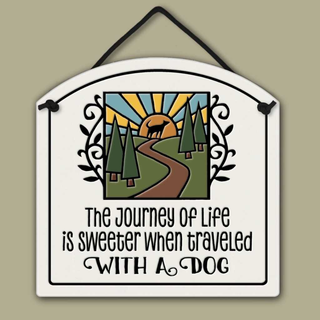 Spooner Creek ceramic small arch tile with dog quote and colorful nature design.