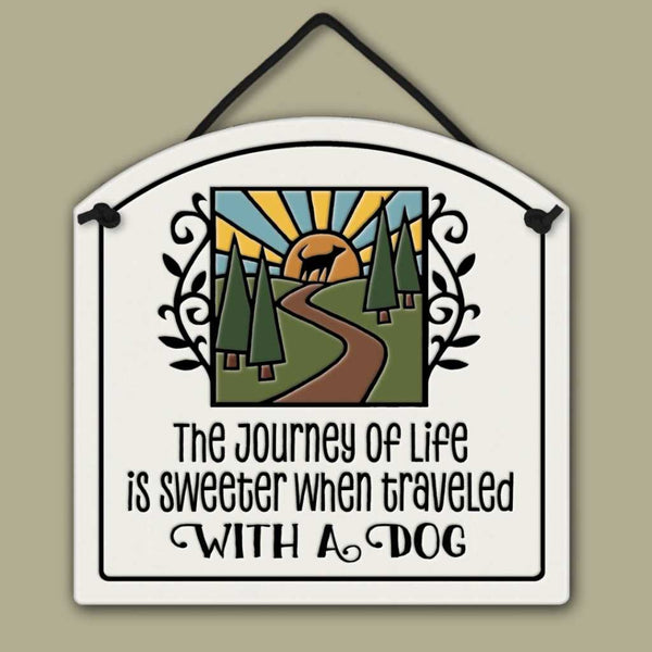 Spooner Creek ceramic small arch tile with dog quote and colorful nature design.