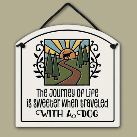 Spooner Creek ceramic small arch tile with dog quote and colorful nature design.