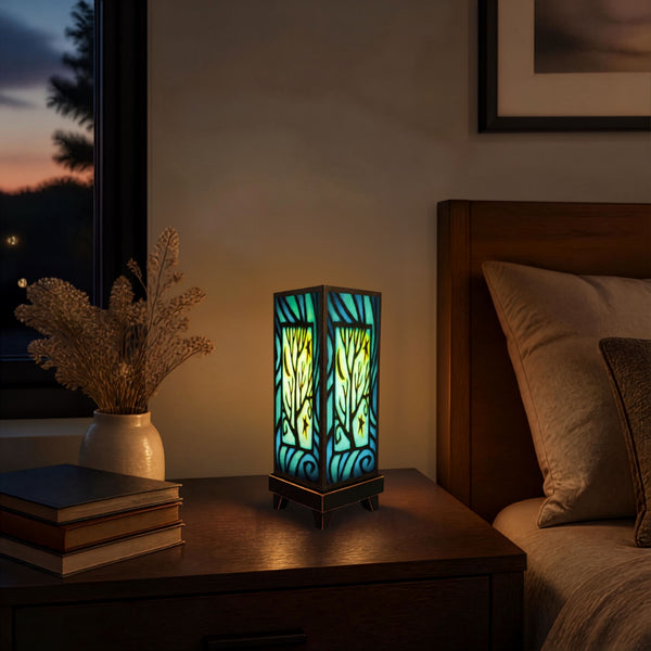 Star Tree mood lamp glowing on a bedroom nightstand