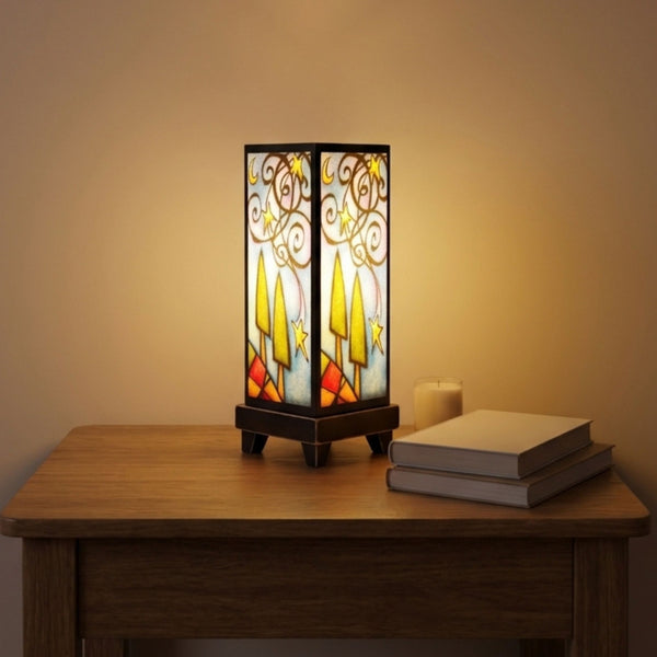 Starry Night mood lamp glowing on a bedroom nightstand