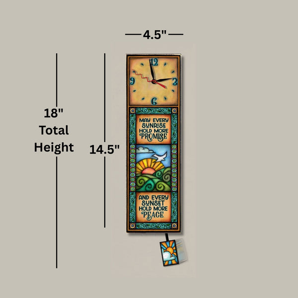 Sunrise Sunset wood wall clock dimensions, 4.5 inch width, 14.5 inch clock body height, 18 inch total height with pendulum