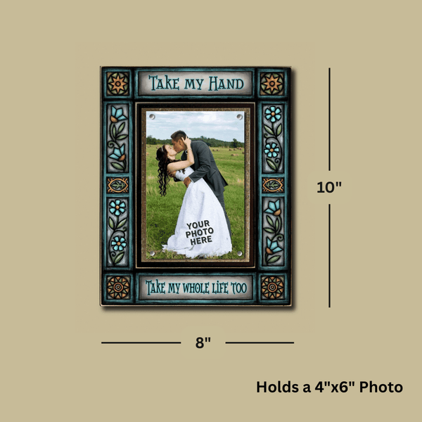 Take My Hand romantic 4x6 picture frame dimensions showing 8x10 wood frame size and magnetic 4x6 photo display by Macone Clay.