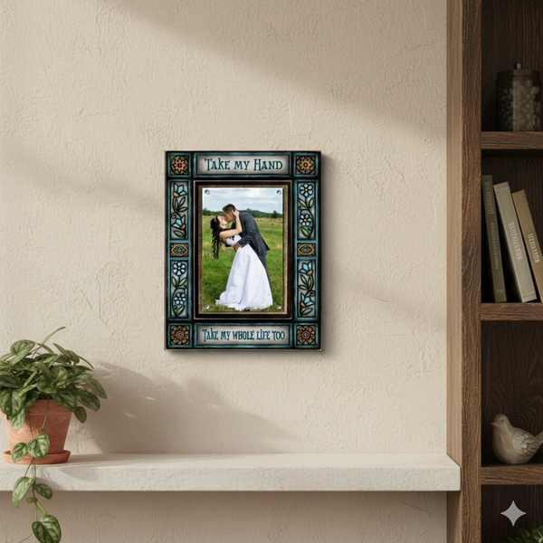 Take My Hand romantic 4x6 picture frame by Michael Macone displayed on wall shelf, featuring love quote and floral artwork, handcrafted by Macone Clay.