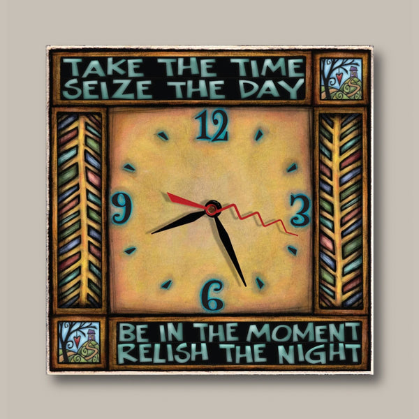 Take the Time square wood wall clock by Michael Macone with the quote Take the Time, Seize the Day, Be in the Moment, Relish the Night, and a golden face