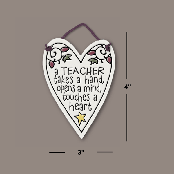 Spooner Creek heart shaped teacher Mini Charmer ceramic tile showing 3 x 4 inch dimensions, handmade glazed ceramic gift for teachers.