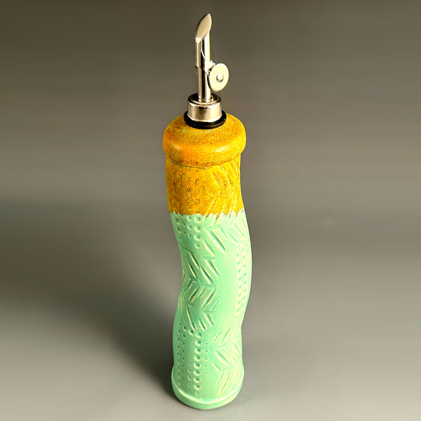 Teal handmade stoneware olive oil cruet with curved pour spout, ceramic oil dispenser by Macone Clay, colorful kitchen accessory for cooking