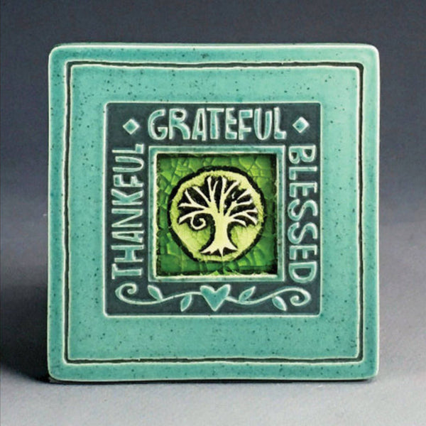 Handmade turquoise ceramic Thankful Grateful Blessed tree coaster with crazed glass center by Macone Clay.