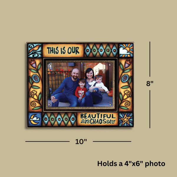 Macone Clay This Is Our Beautiful Chaos ceramic picture frame, 8 x 10 handcrafted frame holding 4 x 6 photo with colorful folk art border and family theme design