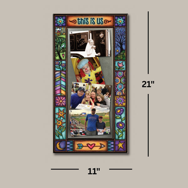 Large multi photo family frame showing 11 x 21 frame size holding four 4 x 6 photos with quote This is us.