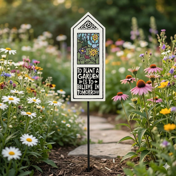 To Plant a Garden Is to Believe in Tomorrow garden stake sign displayed beside a stone garden path surrounded by flowers