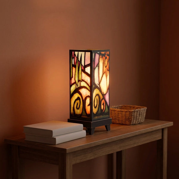 Tree Hill mood lamp glowing on a living room console table