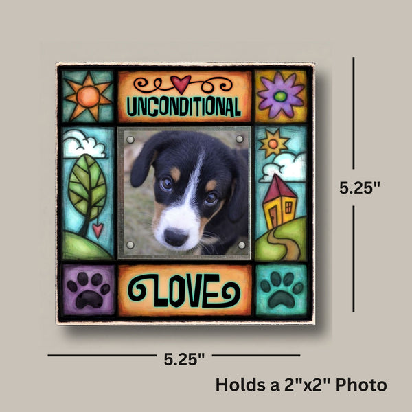 Unconditional Love small picture frame dimensions showing 5.25 x 5.25 size with 2x2 photo opening, compact gift for dog or cat lovers