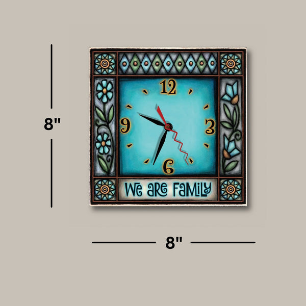 We Are Family square wood wall clock dimensions, 8 x 8 inches