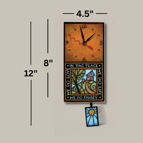 We Do Family small wood wall clock dimensions, 4.5 x 8.5 inch clock body and 12 inches tall with pendulum