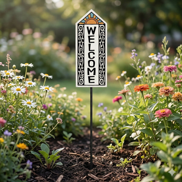 Welcome garden stake sign displayed in a landscaped flower bed with colorful flowers creating welcoming garden decor for front yard or walkway