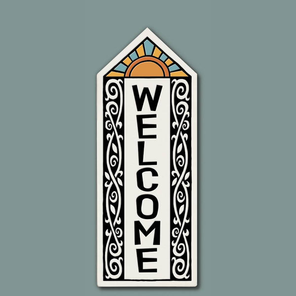 Welcome quote garden stake sign ceramic tile with vertical welcome lettering and decorative scrollwork garden decor for flower beds and garden entryways