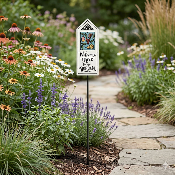 Welcome garden stake sign Welcome to My Garden ceramic tile displayed beside a stone garden pathway with blooming flowers creating welcoming garden decor